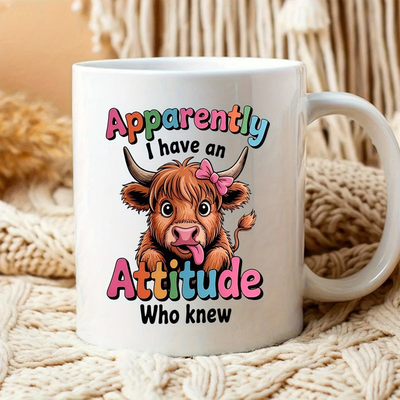 Tailorly White Ceramic 11 oz Mug - Apparently I Have An Attitude Who Knew Adorable Cartoon Highland Cattle With Pink Bow Sticking Out Tongue Cow