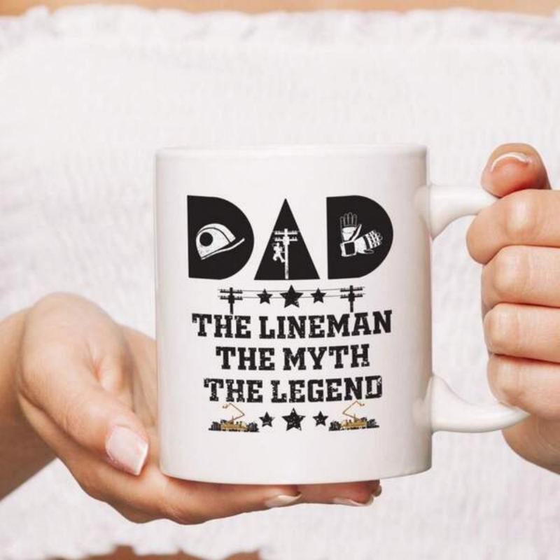 Tailorly White Ceramic 11 oz Mug - Dad The Lineman The Myth The Legend Industrial Utility Pole With Electric Lines And Safety Gear Accessories Lineman