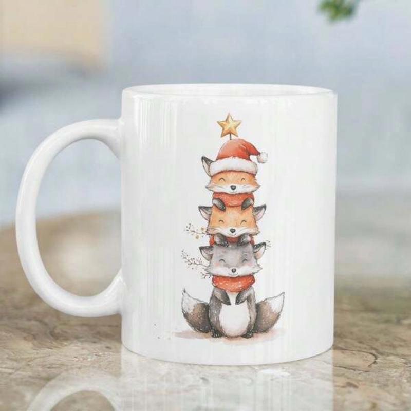 Tailorly White Ceramic 11 oz Mug - Festive Cute Stacked Forest Animals Wearing Winter Red Holiday Accessories Fox