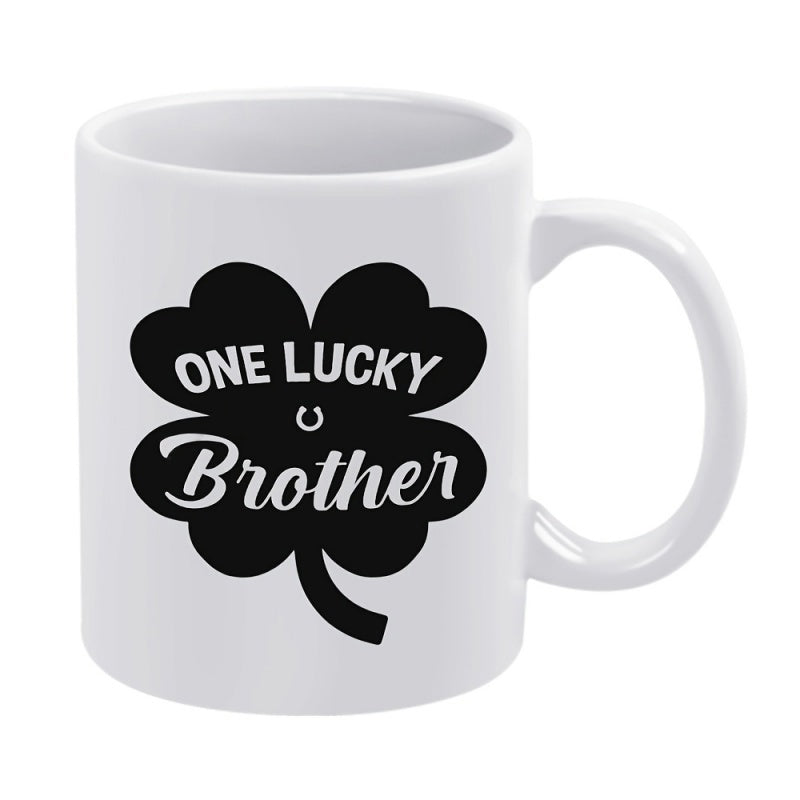 Tailorly White Ceramic 11 oz Mug - One Lucky Brother Minimalist Black Four Leaf Clover Silhouette With Subtle Horseshoe Symbol Clover