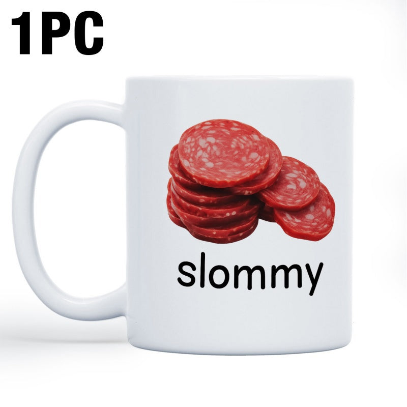 Tailorly White Ceramic 11 oz Mug - Slommy Stacked Red Round Salami Slices Resting On White Surface Salami