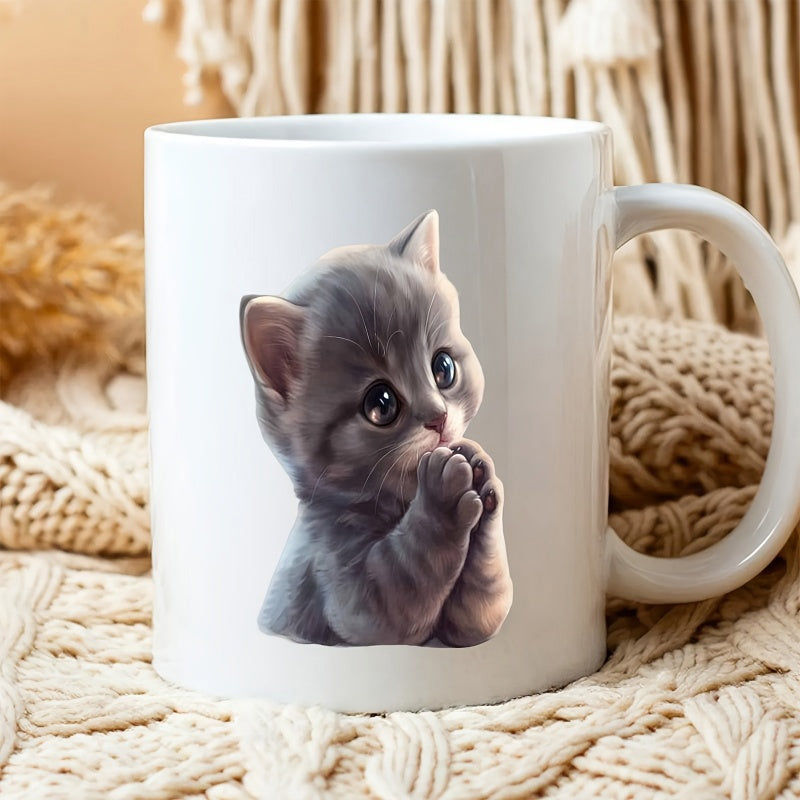Tailorly White Ceramic 11 oz Mug - Adorable Tiny Grey Praying With Big Innocent Eyes And Soft Fur Kitten