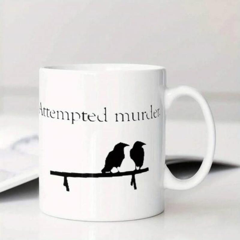 Tailorly White Ceramic 11 oz Mug - Attempted Murder Two Black Crows Perched Peacefully On A Minimalist Silhouette Branch Crow