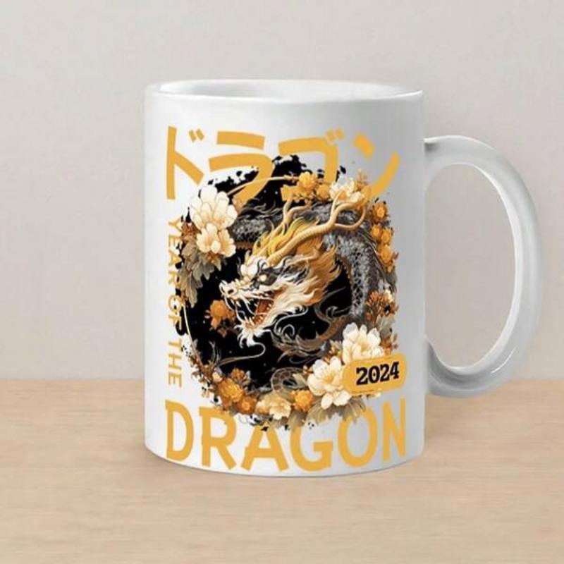 Tailorly White Ceramic 11 oz Mug - Year Of The Dragon 2024 Majestic Mythological Beast Circling Among Delicate Blooming Flowers And Golden Sunlight Dragon