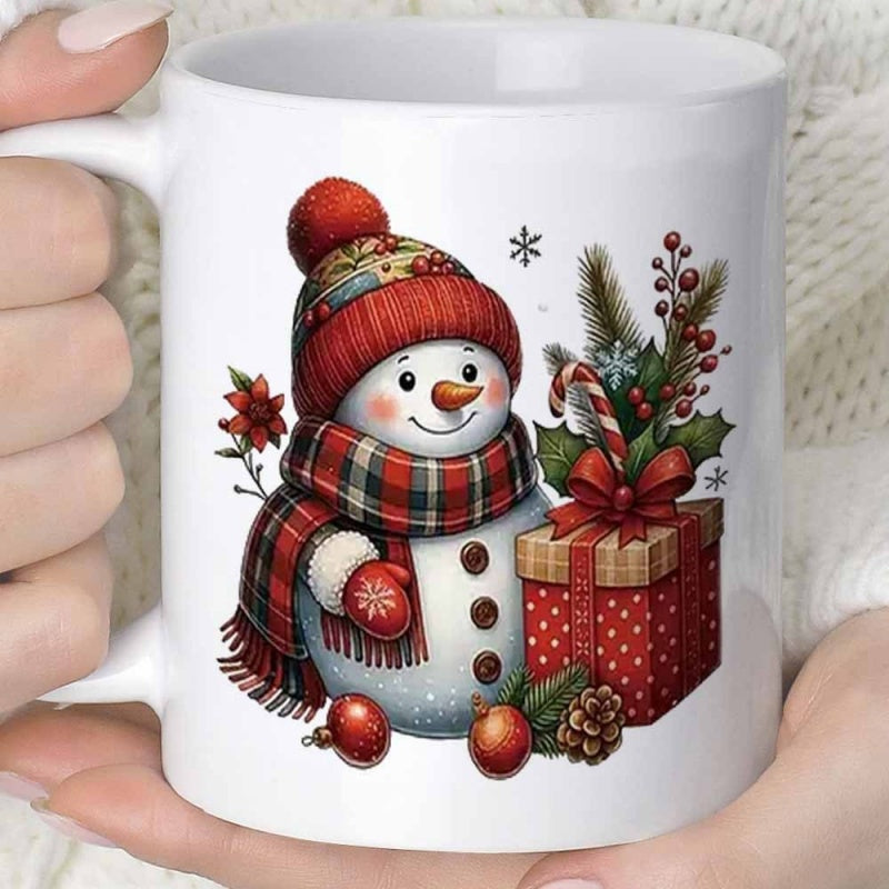 Tailorly White Ceramic 11 oz Mug - Festive Winter Scene Featuring Cute Snowman In Red Plaid Scarf Snowman