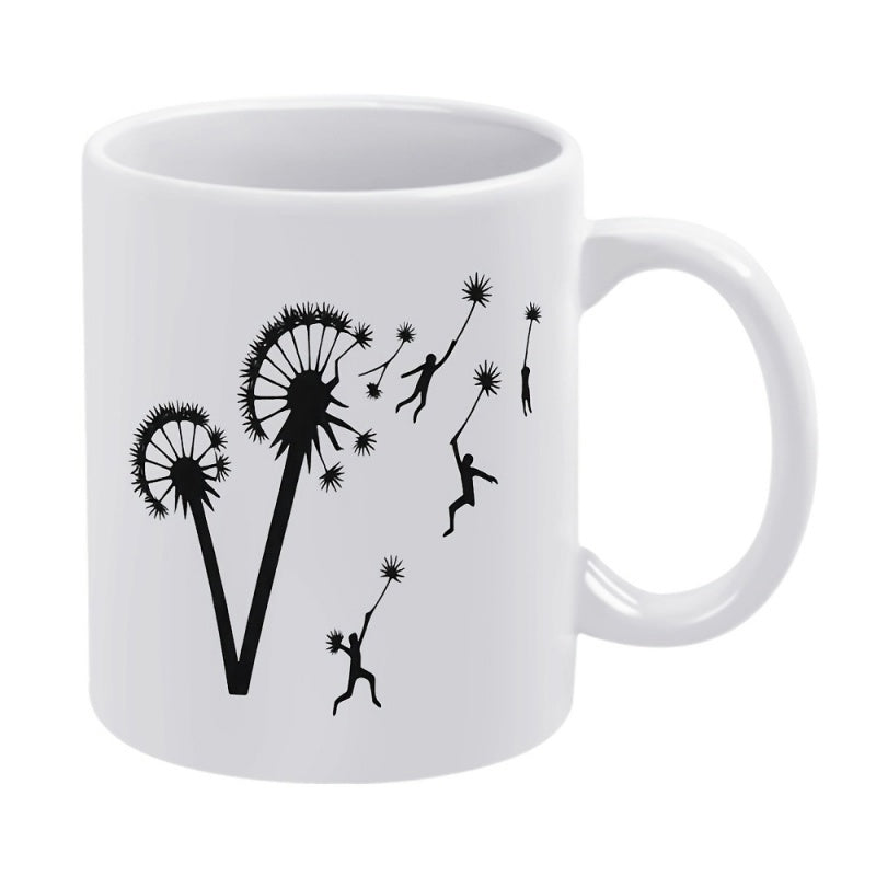 Tailorly White Ceramic 11 oz Mug - Floating Seeds With Small Silhouettes Carried By Wind Among Beautiful Delicate Dandelion