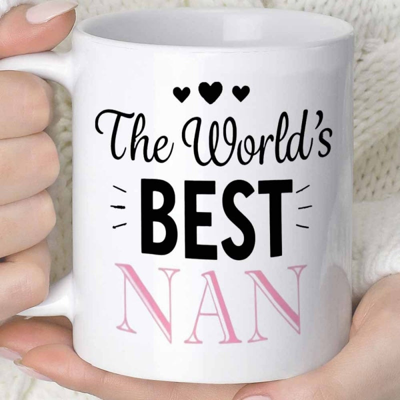 Tailorly White Ceramic 11 oz Mug - The Worlds Best Nan Minimalist Black Hearts And Decorative Typography Featuring Soft Pink Outlined Text Heart