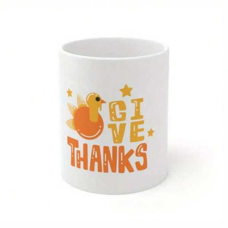 Tailorly White Ceramic 11 oz Mug - Give Thanks Stylized Cartoon Turkey With Small Shining Stars On White Surface Mug