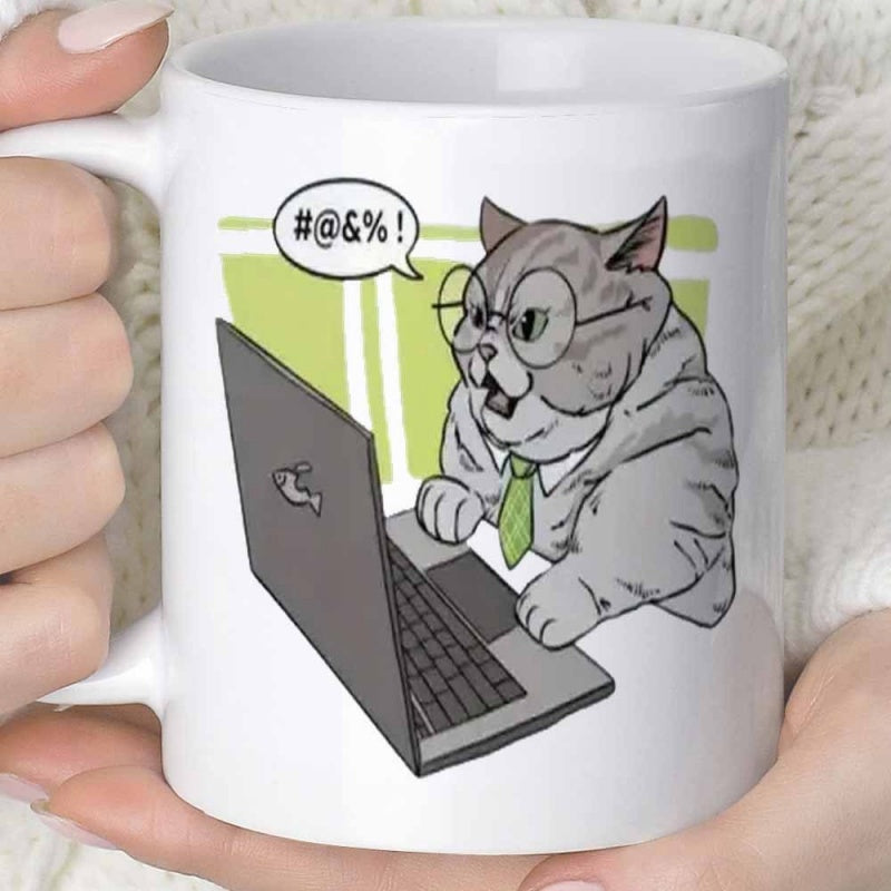 Tailorly White Ceramic 11 oz Mug - Funny Chubby Grey Cat Wearing Glasses And Green Tie Working On Laptop Cat