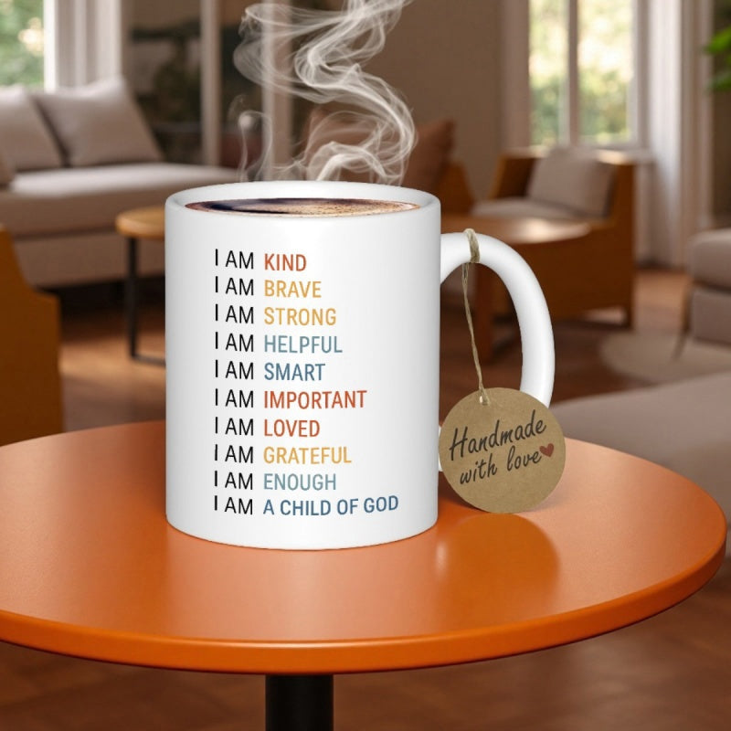 Tailorly White Ceramic 11 oz Mug - I Am Kind Brave Strong Helpful Smart Important Loved Grateful Enough A Child Of God Polished White Ceramic Vessel Displaying