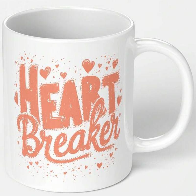 Tailorly White Ceramic 11 oz Mug - Heart Breaker Warm Coral Hand Lettered Typography Decorated With Numerous Miniature Floating Sweet Hearts Heart