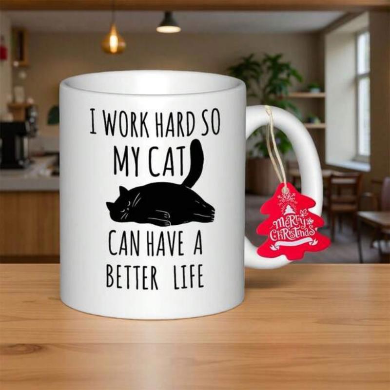 Tailorly White Ceramic 11 oz Mug - I Work Hard So My Cat Can Have A Better Life Minimalist Black Silhouette Of A Peaceful Sleeping Feline Cat