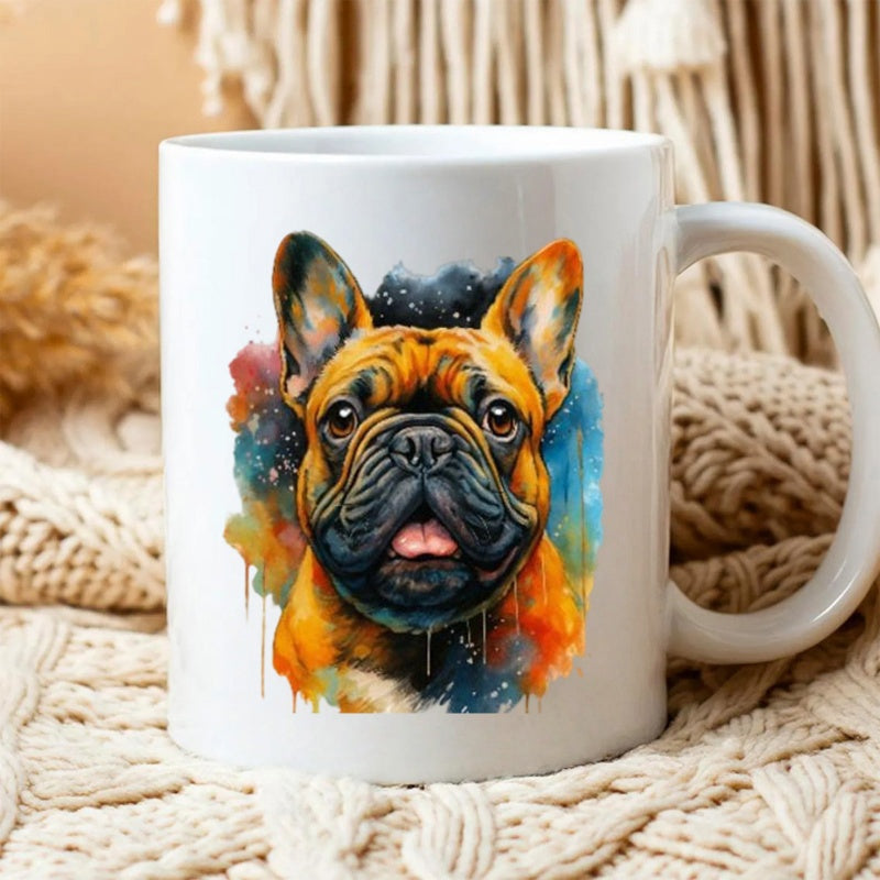 Tailorly White Ceramic 11 oz Mug - Vibrant Watercolor Splashes Surrounding A Detailed Portrait Of A French Bulldog