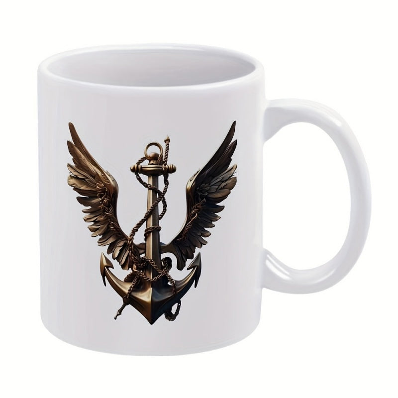 Tailorly White Ceramic 11 oz Mug - Polished Bronze Metallic Wings Spreading From A Detailed Nautical Heavy Anchor