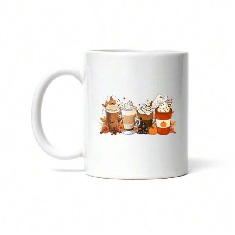 Tailorly White Ceramic 11 oz Mug - Assorted Autumn Beverages Decorated With Cream And Fallen Maple Leaves Coffee