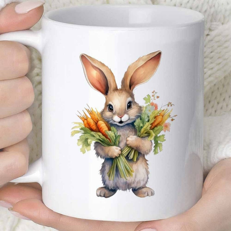 Tailorly White Ceramic 11 oz Mug - Soft Watercolor Hand Painted Bunny Holding Fresh Orange Carrots And Greenery Rabbit