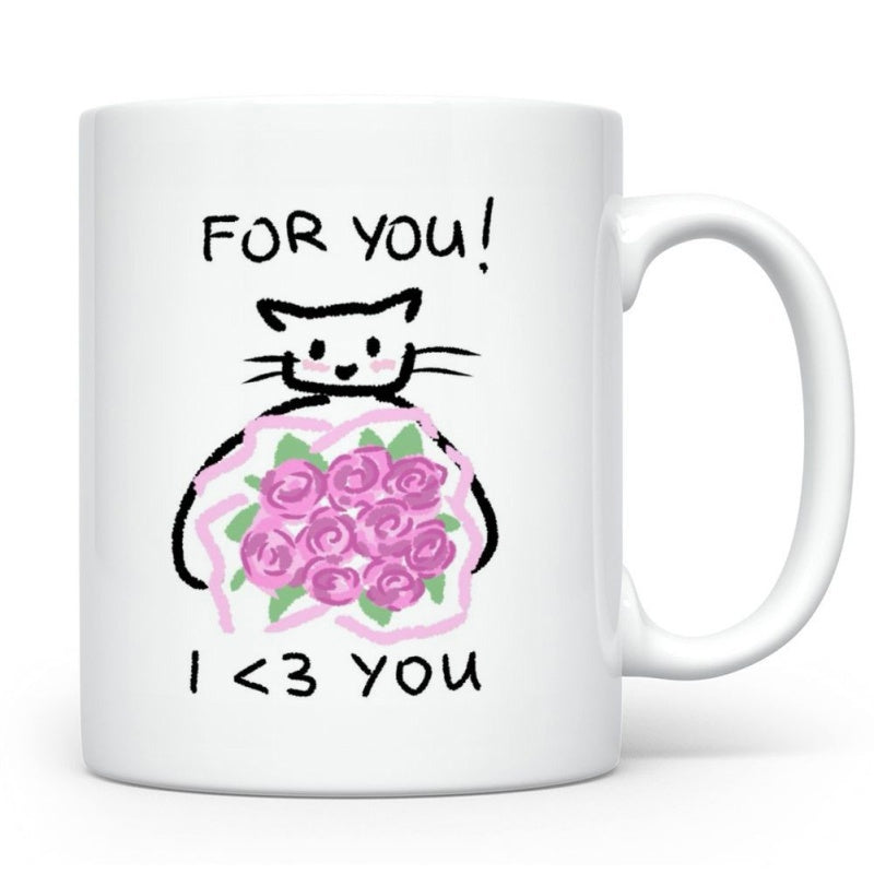 Tailorly White Ceramic 11 oz Mug - For You I Love You Hand Drawn Black And White Cat Holding Pink Roses Cat
