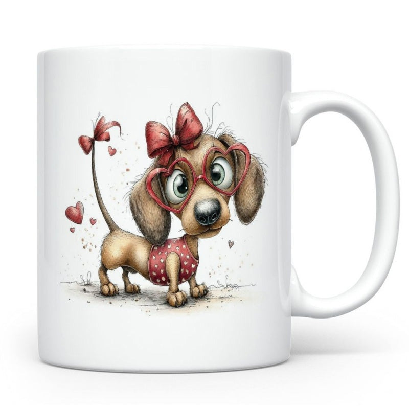 Tailorly White Ceramic 11 oz Mug - Adorable Cartoon Pup Wearing Heart Glasses And Red Bows Standing Dog