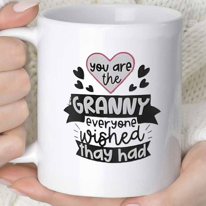 Tailorly White Ceramic 11 oz Mug - You Are The Granny Everyone Wished Thay Had Minimalist Black Banners And Tiny Hearts Surrounding A Large Central Heart Heart