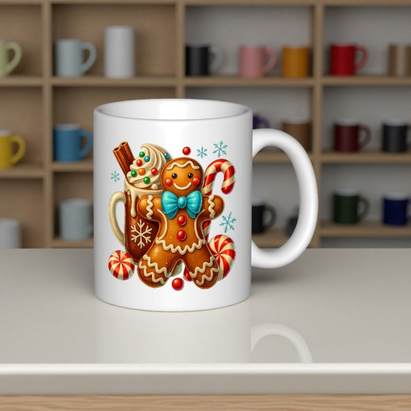 Tailorly White Ceramic 11 oz Mug - Smiling Festive Cookie Character Standing Near Peppermint And Hot Cocoa Gingerbread Man