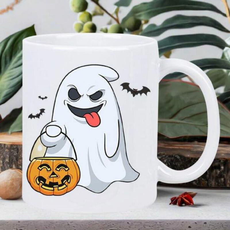 Tailorly White Ceramic 11 oz Mug - Cartoon Spooky Ghost Holding Carved Pumpkin Bucket With Small Bats Flying Around Ghost
