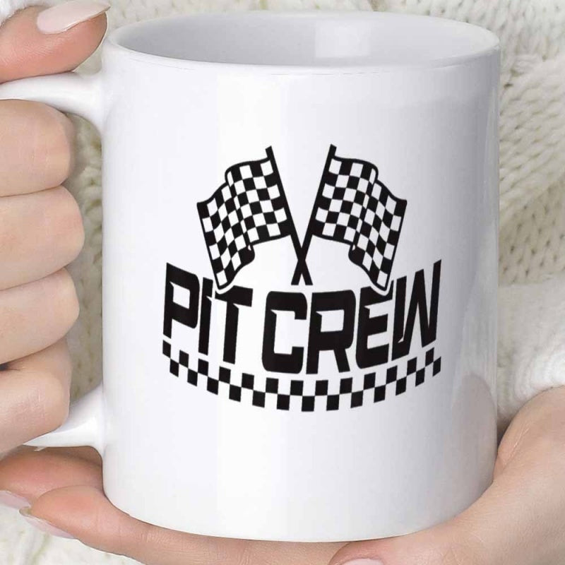 Tailorly White Ceramic 11 oz Mug - Pit Crew Racing Flags Crossed Over Checkered Pattern With Bold Black Ink Sign