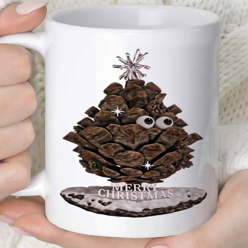 Tailorly White Ceramic 11 oz Mug - Merry Christmas Whimsical Festive Tree Shaped Pinecone With Googly Eyes And Sparkling Star Pinecone