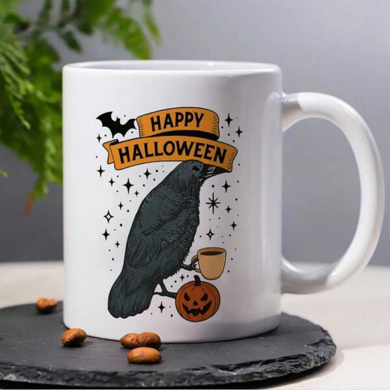Tailorly White Ceramic 11 oz Mug - Happy Halloween Dark Raven Perched Upon A Carved Jack O Lantern Among Twinkling Stars Crow