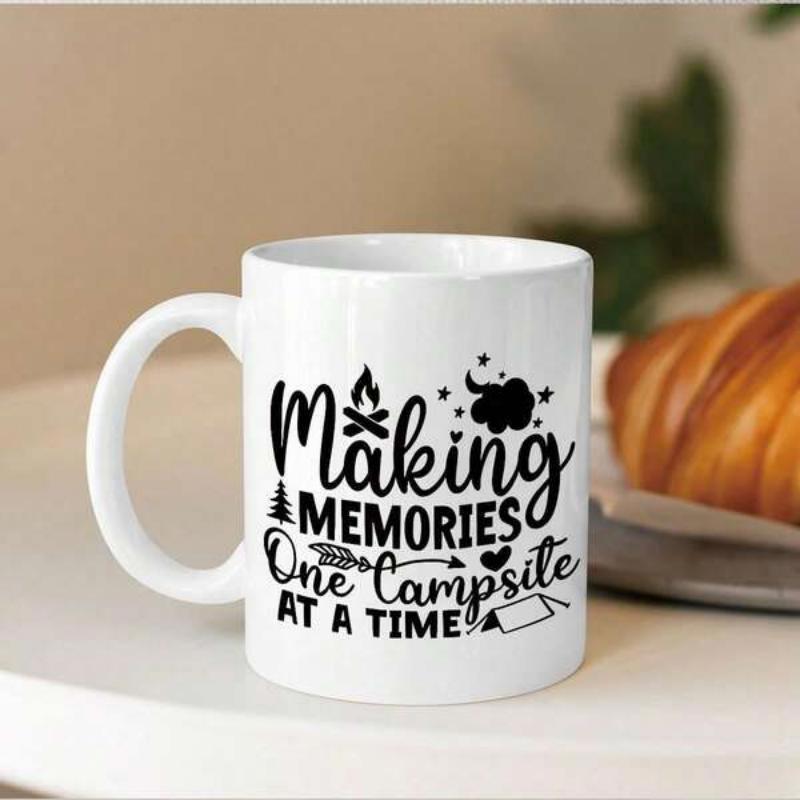 Tailorly White Ceramic 11 oz Mug - Making Memories One Campsite At A Time Minimalist Black Ink Illustrations Featuring Adventure Elements And Rustic Forest Scenery