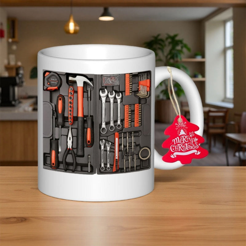 Tailorly White Ceramic 11 oz Mug - Merry Christmas Neatly Organized Professional Hand Tools Inside A Black Plastic Utility Case Toolbox