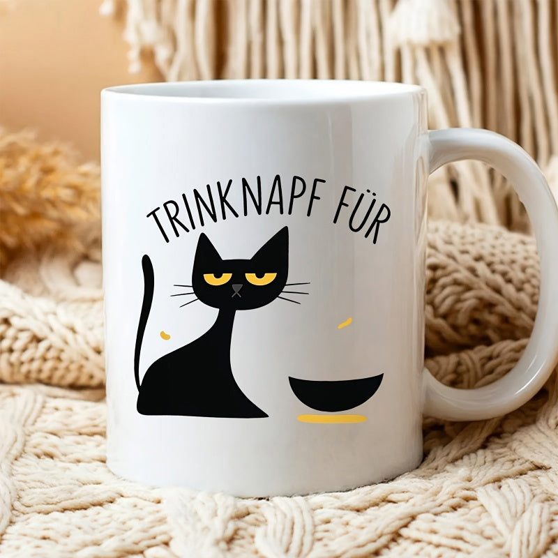 Tailorly White Ceramic 11 oz Mug - Minimalist Black Silhouette Cat Sitting Beside Small Bowl With Yellow Eyes Cat