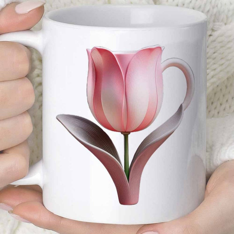 Tailorly White Ceramic 11 oz Mug - Graceful Pink Petals Forming Cup Shape Among Elegant Green Leaves Tulip