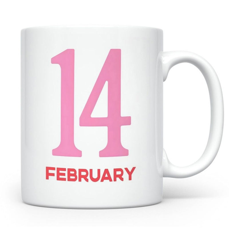 Tailorly White Ceramic 11 oz Mug - 14 February Large Pink Serif Numbers With Bold Red Text On