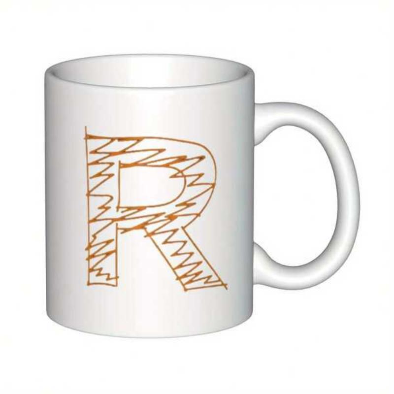 Tailorly White Ceramic 11 oz Mug - R Hand Drawn Scribble Style Large Brown Alphabet Character On White Letter