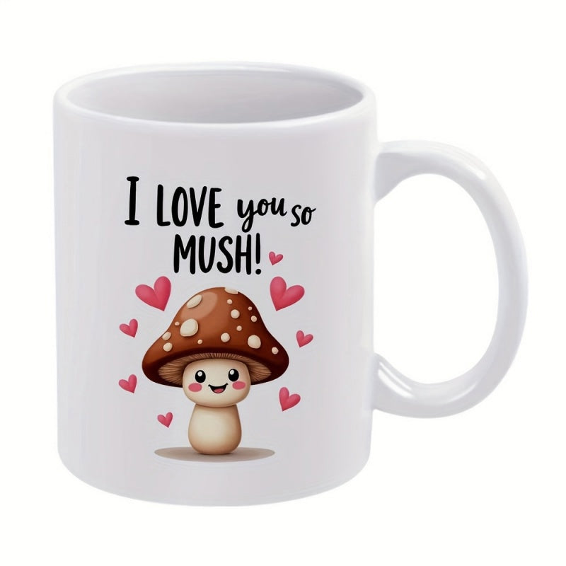 Tailorly White Ceramic 11 oz Mug - I Love You So Mush Adorable Smiling Brown Forest Fungi With Floating Tiny Pink Hearts Mushroom