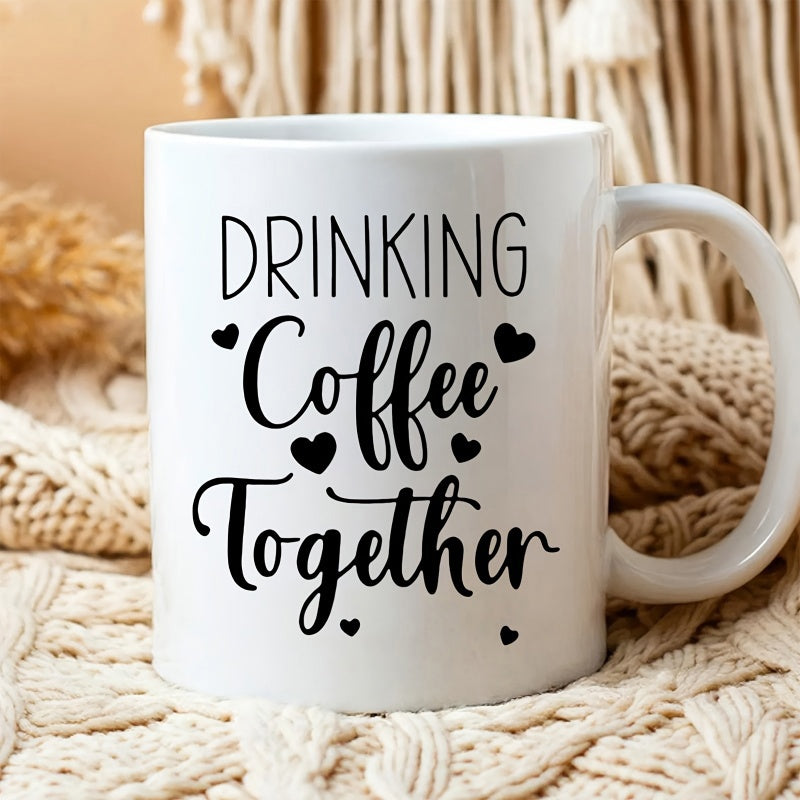 Tailorly White Ceramic 11 oz Mug - Drinking Coffee Together Small Minimalist Black Hearts Scattered Around Simple Artistic Script Heart