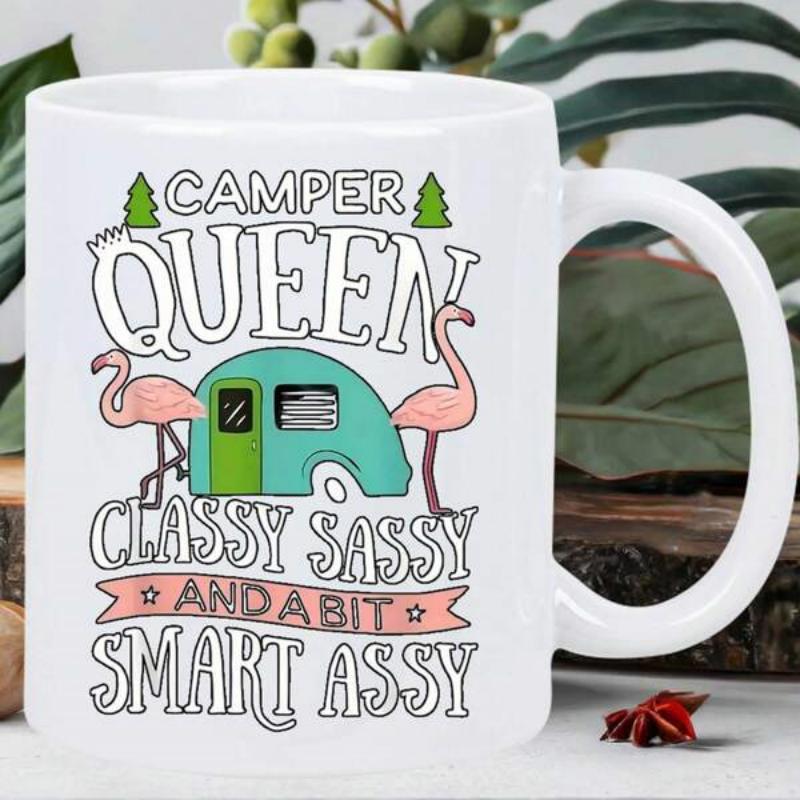 Tailorly White Ceramic 11 oz Mug - Camper Queen Classy Sassy And A Bit Smart Assy Vibrant Pink Flamingos Standing Near A Retro Teal Trailer Among Trees Camper