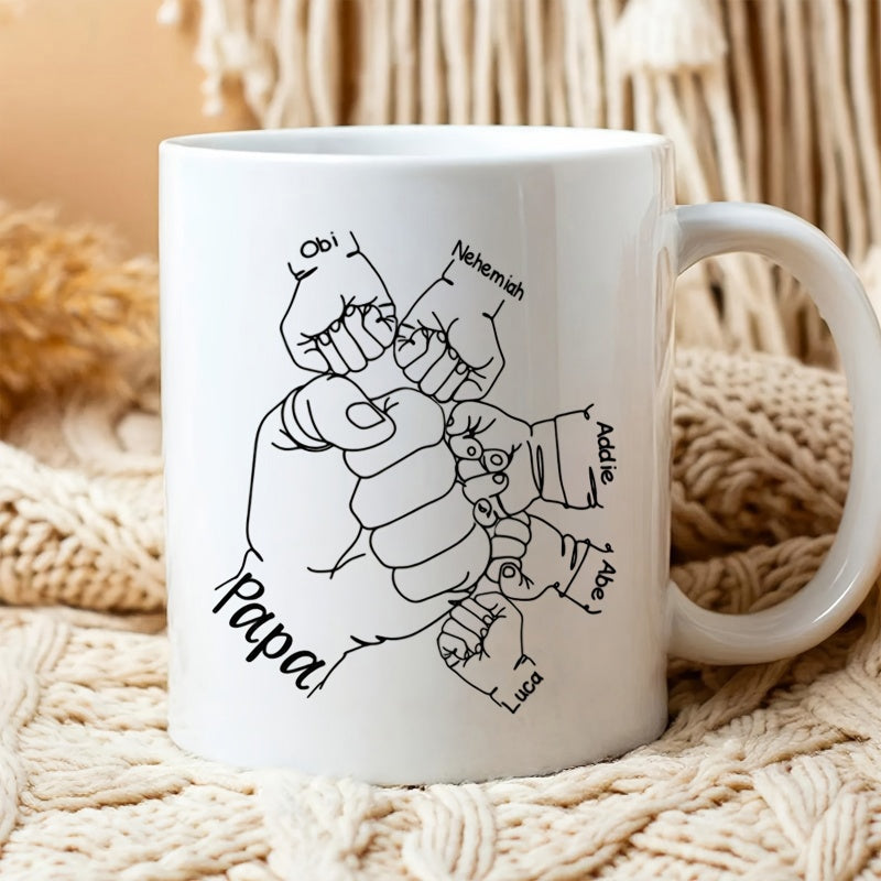 Tailorly White Ceramic 11 oz Mug - Papa Obi Nehemiah Addie Abel Levi Minimalist Line Art Of Family Connection Showing Multiple Child Hands Fist