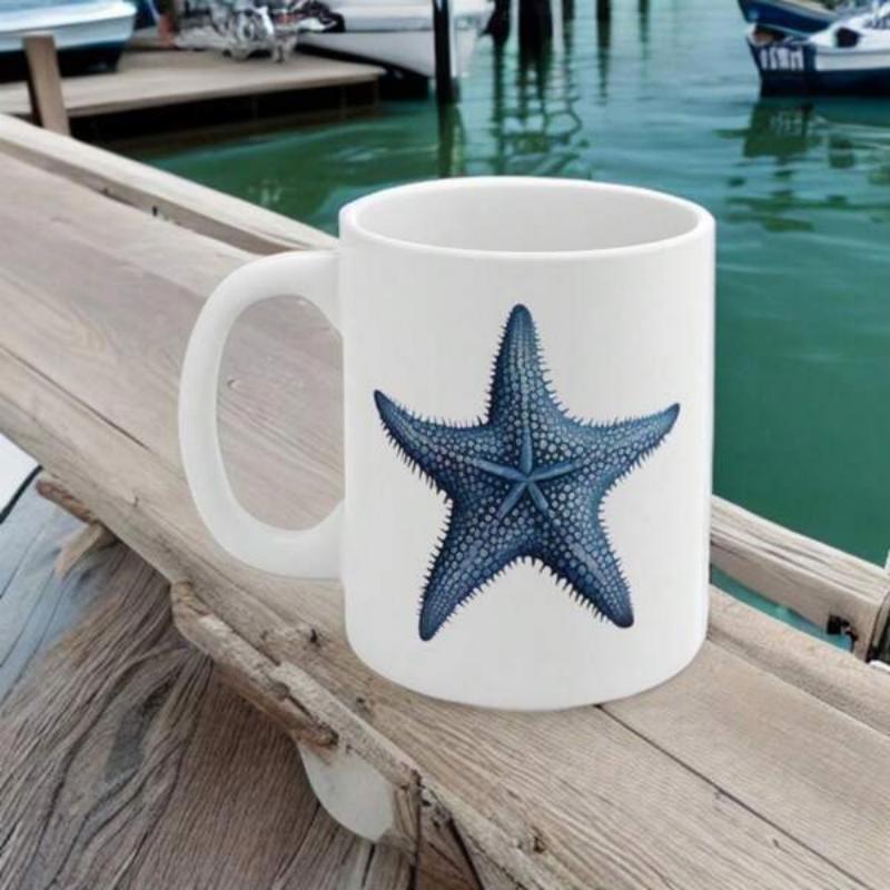 Tailorly White Ceramic 11 oz Mug - Deep Blue Textured Oceanic Sea Life Featuring Intricate Skin Details Starfish