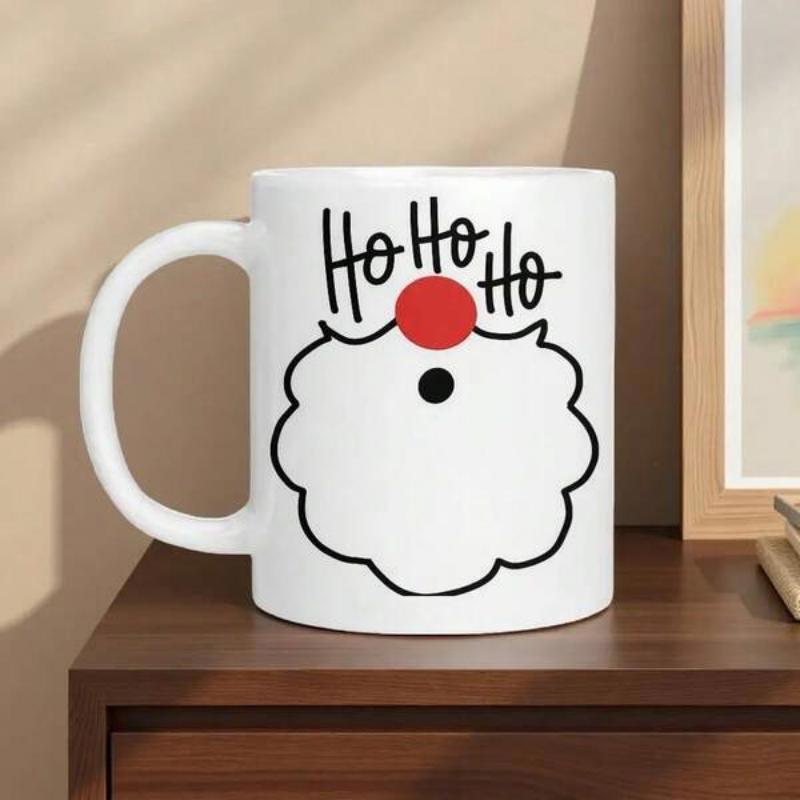 Tailorly White Ceramic 11 oz Mug - Ho Ho Ho Festive Minimalist White Cloud With A Bright Red Round Nose Santa Beard