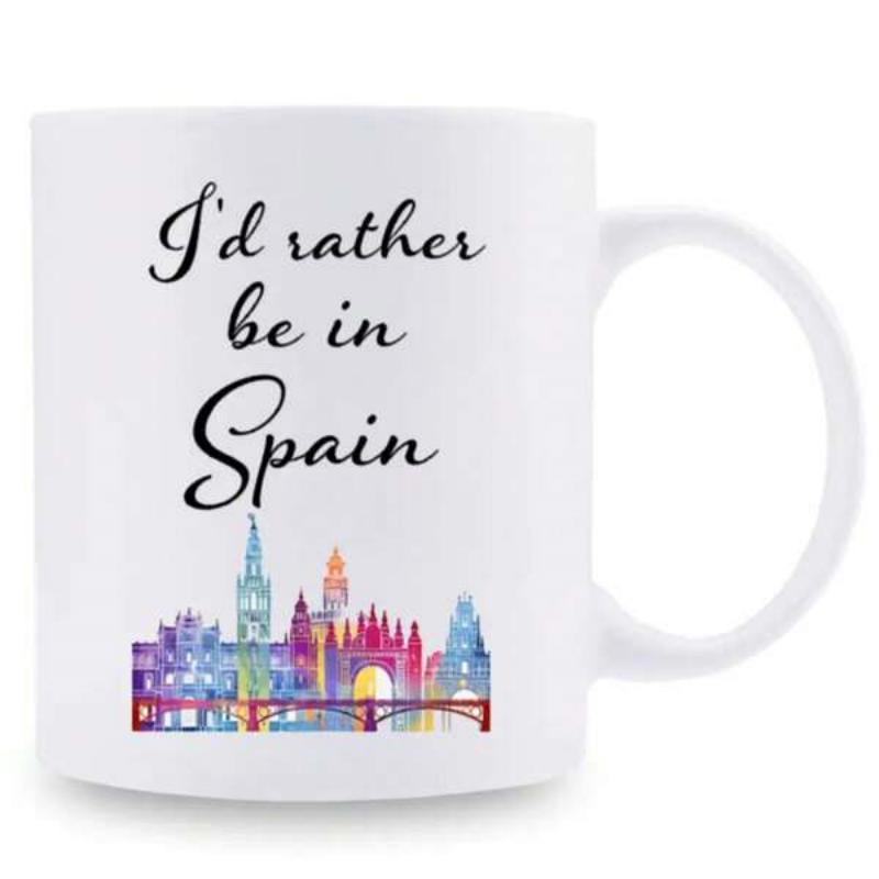 Tailorly White Ceramic 11 oz Mug - Id Rather Be In Spain Colorful Watercolor Skyline Featuring Historic Landmarks And Architectural Silhouettes Skyline