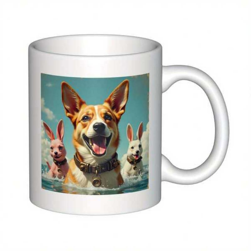 Tailorly White Ceramic 11 oz Mug - Happy Dogs Wearing Rabbit Ears While Swimming In Blue Water Dog