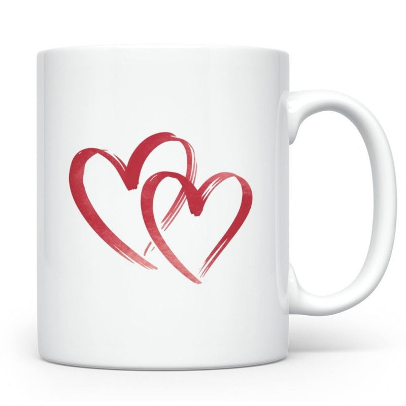 Tailorly White Ceramic 11 oz Mug - Minimalist Artistic Red Painted Brush Stroke Design On White Ceramic Background Hearts