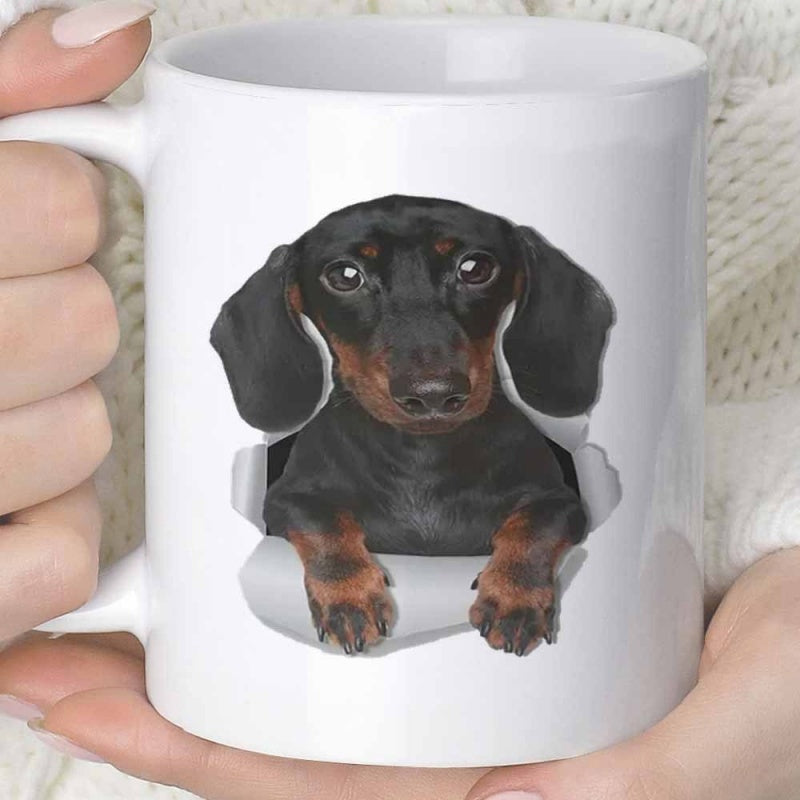 Tailorly White Ceramic 11 oz Mug - Adorable Black And Tan Puppy Peeking Through A Torn Hole Dachshund