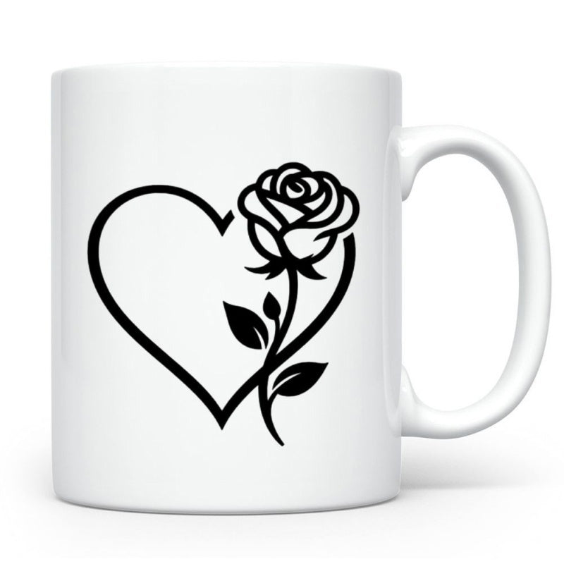 Tailorly White Ceramic 11 oz Mug - Elegant Black Silhouette Of A Heart Intertwining With A Blooming Rose