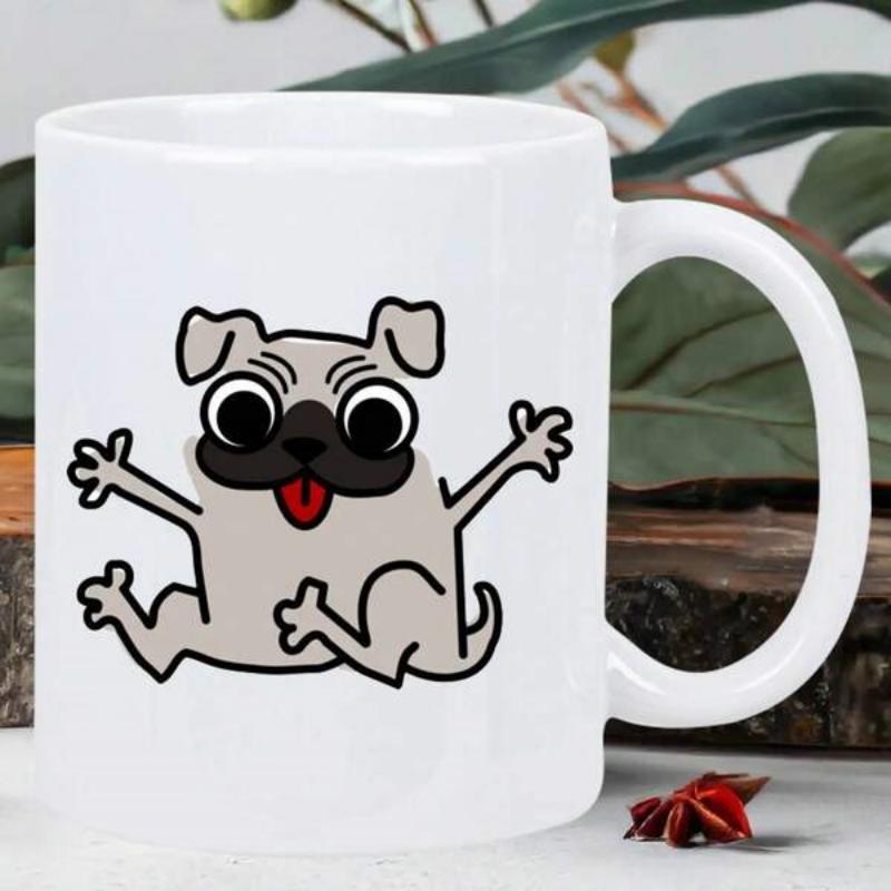 Tailorly White Ceramic 11 oz Mug - Playful Animated Puppy Jumping With Open Paws And Happy Expression Pug