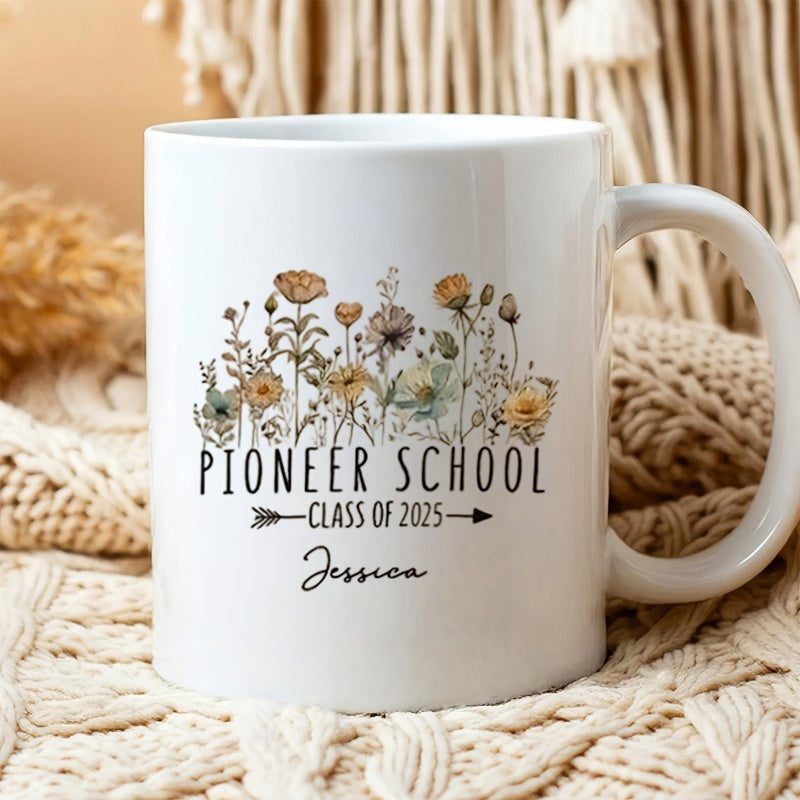 Tailorly White Ceramic 11 oz Mug - Pioneer School Class Of 2025 Jessica Delicate Watercolor Wildflowers Blooming Elegantly Beneath Hand Lettered Academic Text