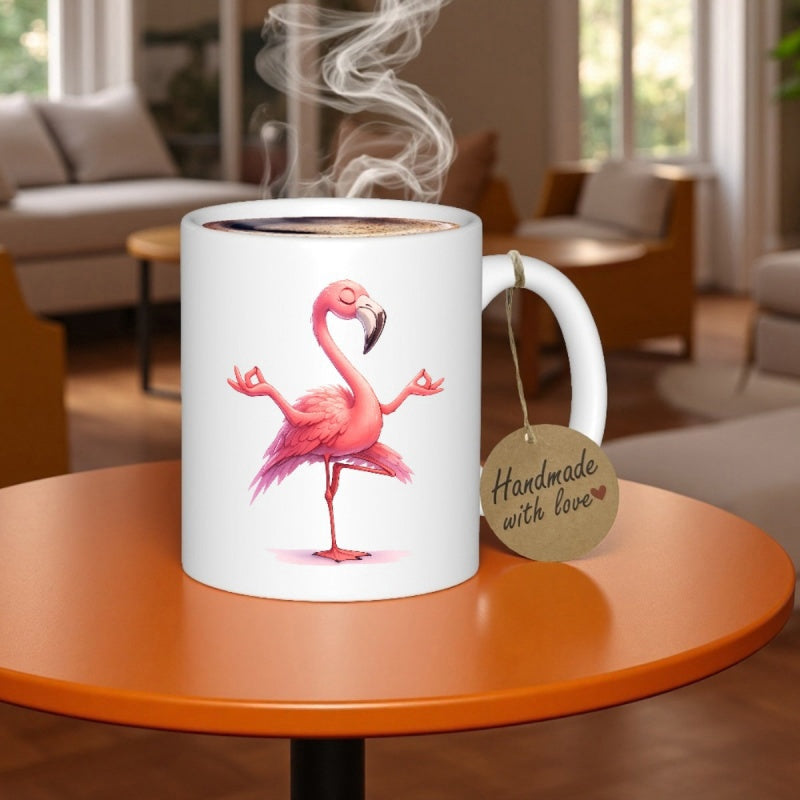Tailorly White Ceramic 11 oz Mug - Handmade With Love Meditative Pink Bird Standing On One Leg In A Peaceful Pose Flamingo