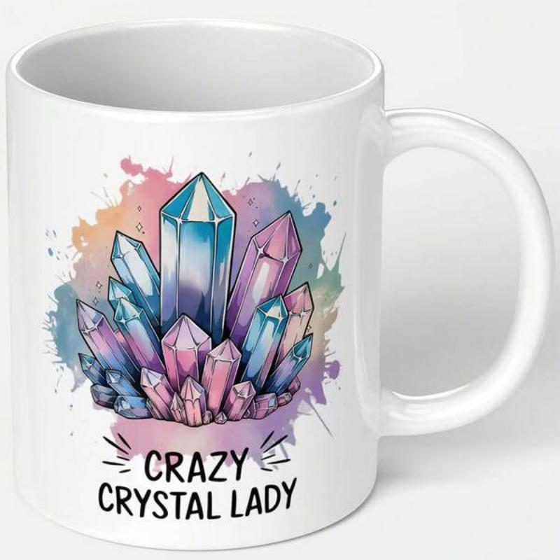 Tailorly White Ceramic 11 oz Mug - Crazy Crystal Lady Vibrant Watercolor Splashes Behind Shining Group Of Sharp Pointed Colorful Healing Crystal
