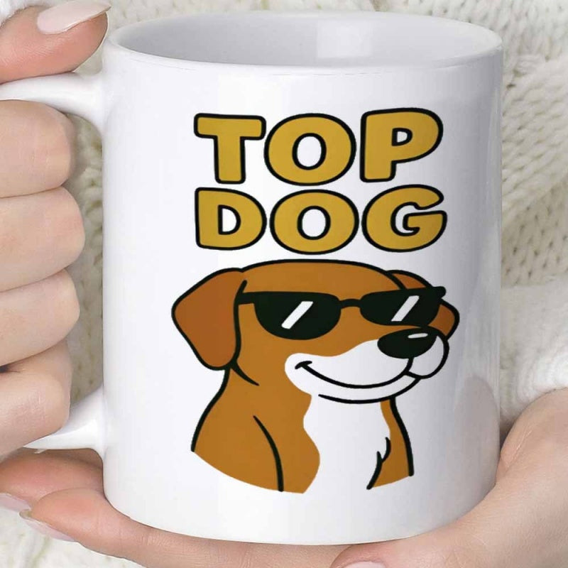Tailorly White Ceramic 11 oz Mug - Top Dog Smiling Cool Cartoon Brown Puppy Wearing Dark Black Sunglasses Dog